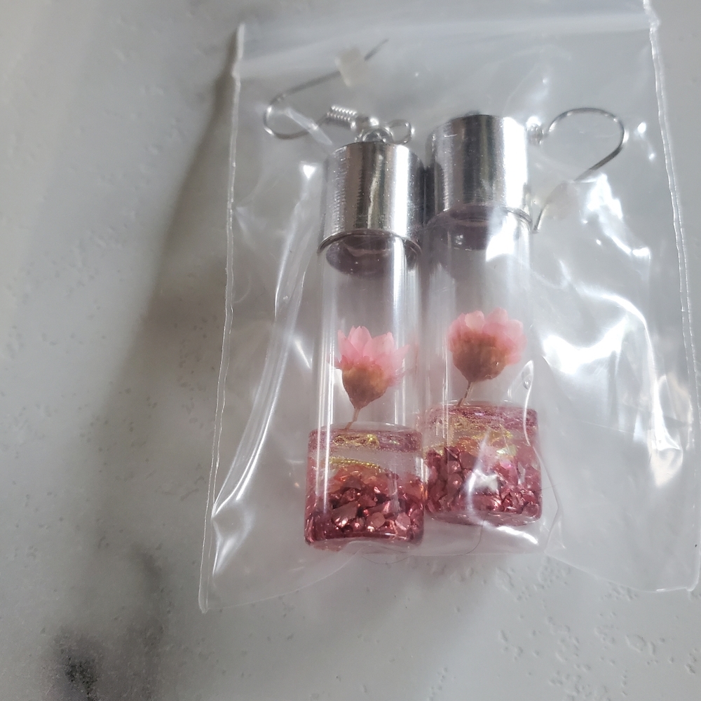 Pink Wish Flowers Glass Bottle Dangle Earrings - Picture 2 of 14